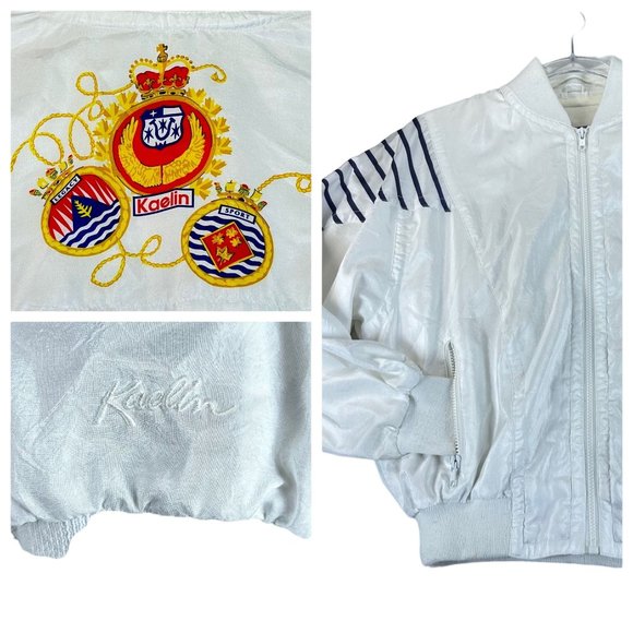 Vintage KAELIN Women XS White Striped Embroidered Nautical Crest 80s Windbreaker - Picture 1 of 10